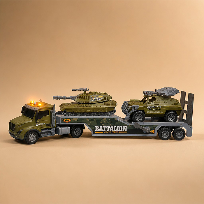 Машина JS203ES "Военный перевозчик" с танком 1:16 (свет, звук) в коробке