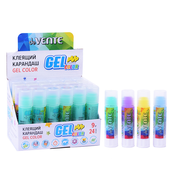 Клеящий карандаш PVP основа "Color Gel" 09 г гелевый цветной полупрозрачный, 4 цвета ассорт