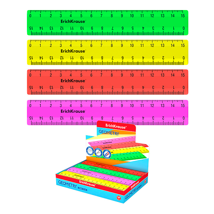 Линейка пластиковая Neon Solid, 15см, ассорти из 4 цветов, в коробке-дисплее