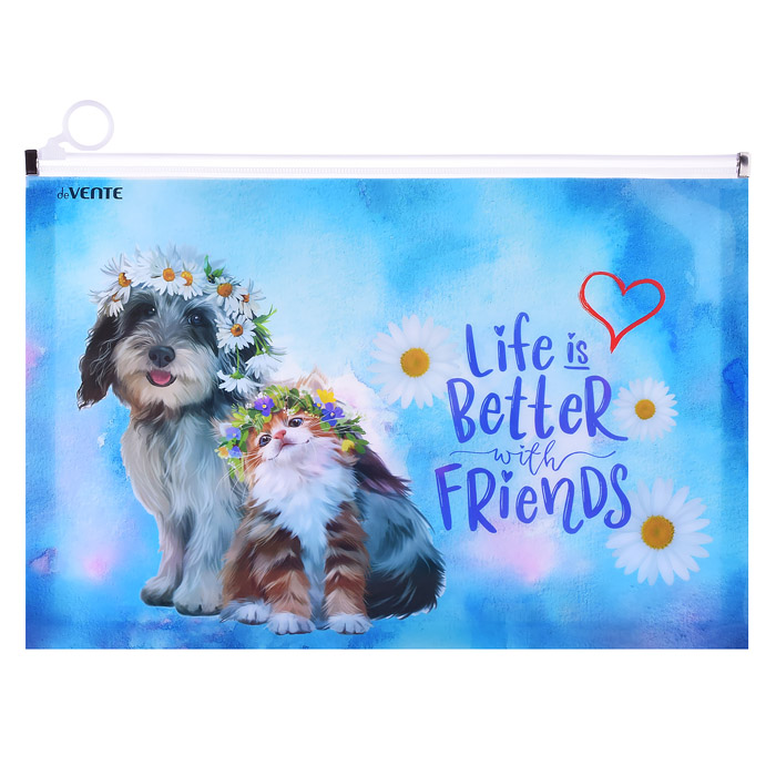 Папка на молнии с расширением "Life is better with friends" A4 (330x235х28 мм) 180 мкм, неп