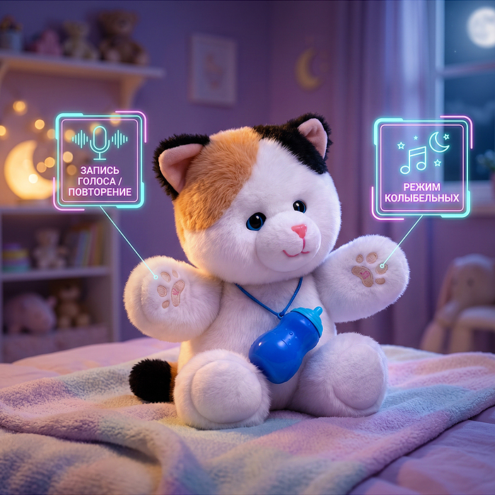 Мягкая игрушка UT0401 "Котенок с бутылочкой" интерактивная, в коробке