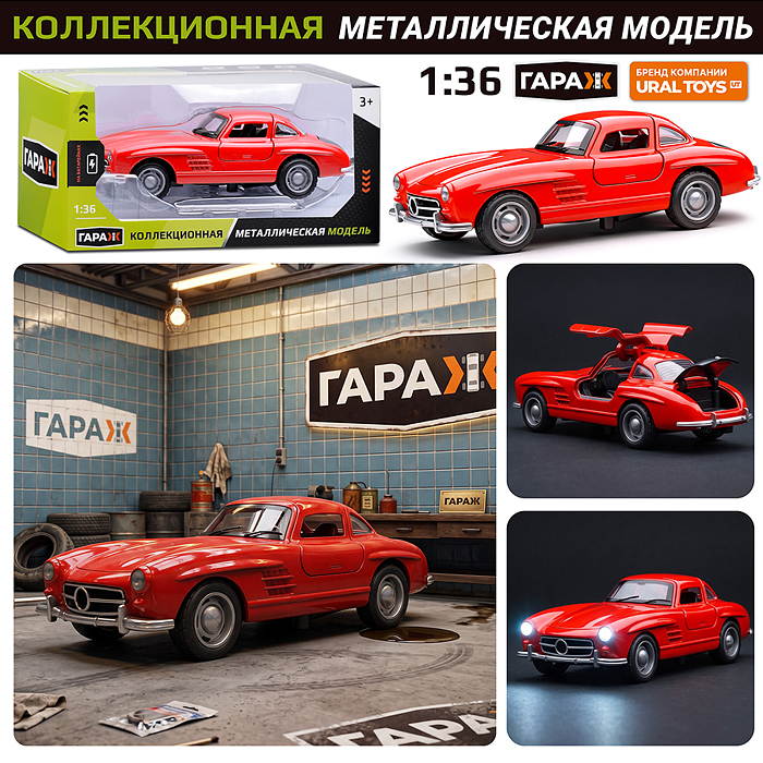 Машина 411 "Ретро-автомобиль" 1:36 (свет, звук, откр двери, металл) цвет красный, в коробке