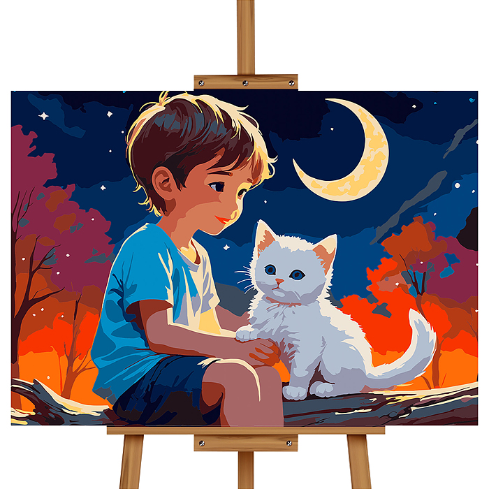 Картина по номерам MKR5040-138 "Мальчик и белый котёнок" 50*40 см