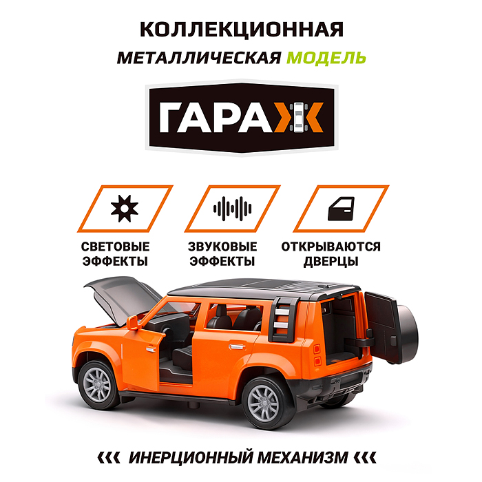 Фото к товару Машина 604 "Кроссовер" 1:36 (свет, звук, откр двери, металл) цвет оранжевый, в коробке Машина 604 "Кроссовер" 1:36 (свет, звук, откр двери, металл) цвет оранжевый, в коробке