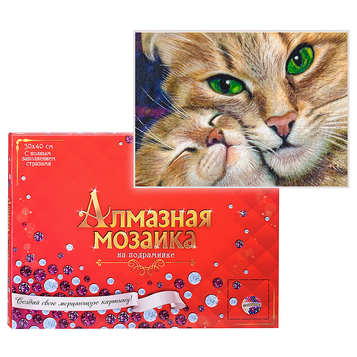 Алмазная мозаика 30х40 "Любовь мамы-кошки" с подр., с полн. заполн. (клас.) (26 цв.) 