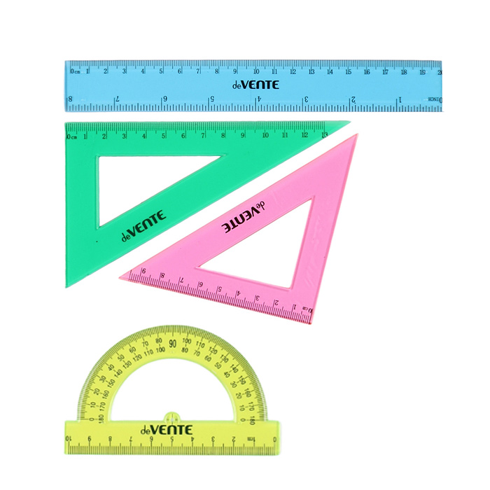 Набор геометрический малый, 4 предмета (линейка 20 см, 2 угольника, транспортир) полупрозр