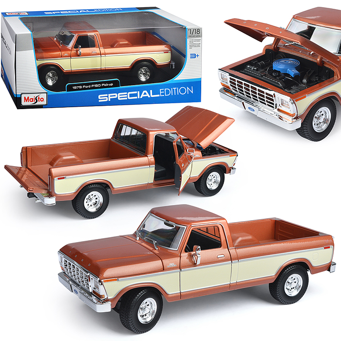 Машинка die-cast 1979 Ford F150 Pick-up, 1:18,  коричневая, открывающиеся двери