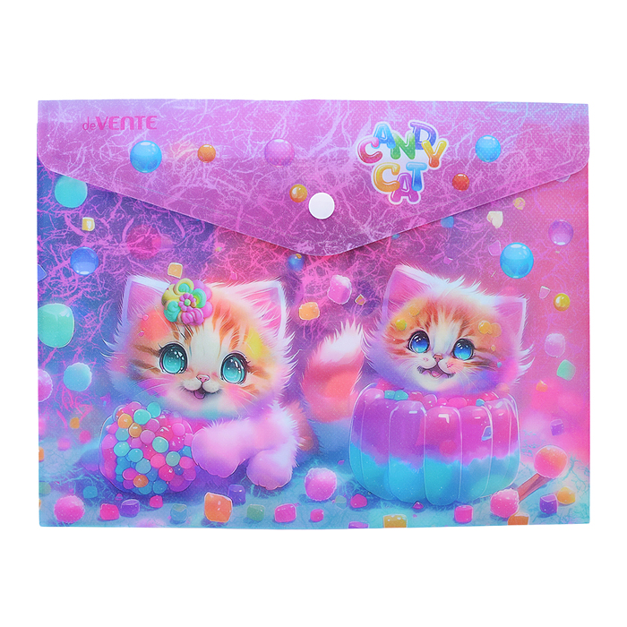 Папка-конверт на кнопке "Candy Cat" A5 (240x180 мм) 180 мкм, матовая полупрозрачная с рисун