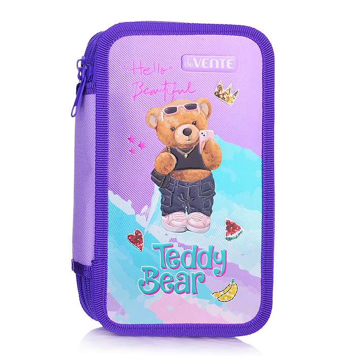 Пенал "Teddy Bear" 20,5x12 см, трехстворчатый прямоугольный для 50 предметов, на молнии, ка